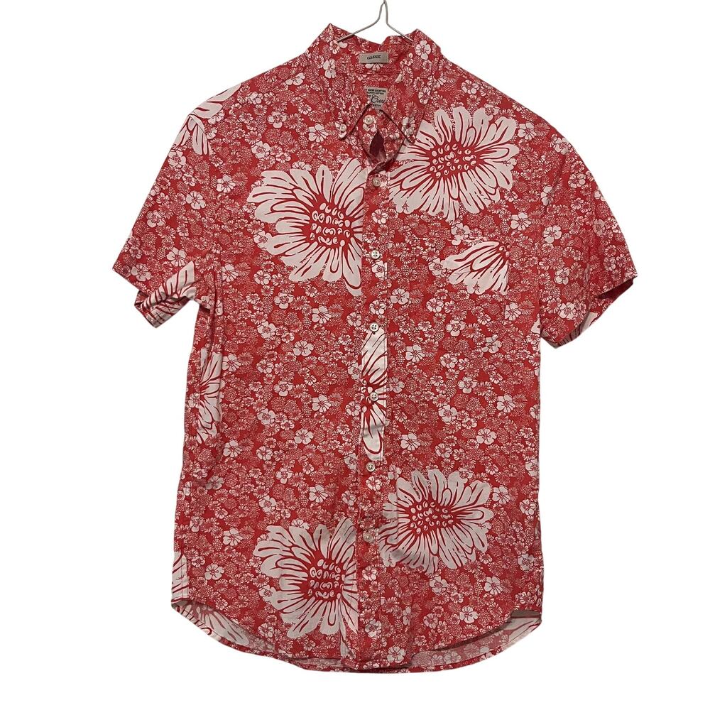 J.Crew Secret Wash Shirt Mens Small Coral White Floral Short Sleeve Coastal EUC
